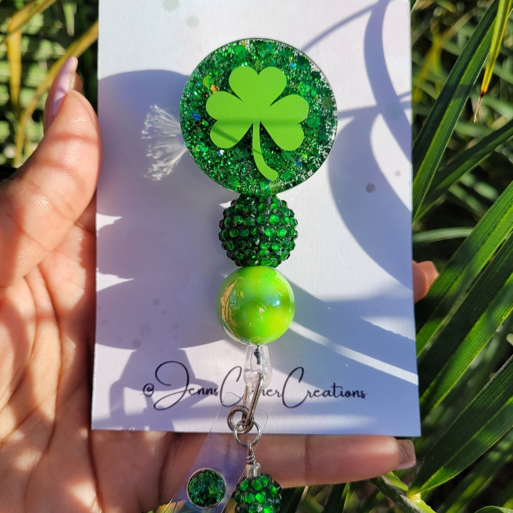 Lucky Badge Reel, Green Shamrock Badge Reel, St Patricks Day accessories